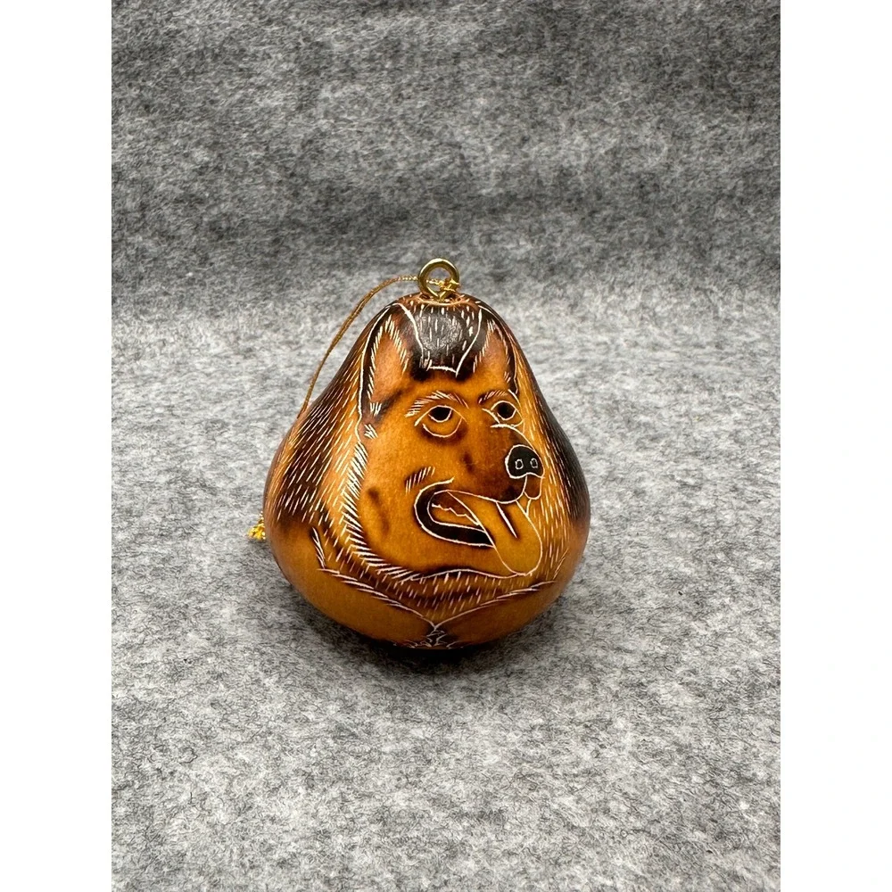 Lucuma German Shepherd Hand Carved Gourd Ornament Peru Folk Art Dog Decor